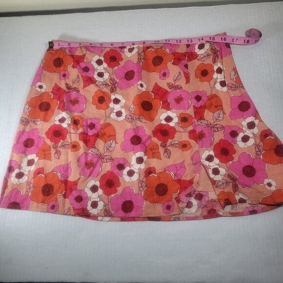 Urban Outfitters Floral Linen Blend Mini Skirt Lined  Size L Red Pink Orange - Picture 10 of 10